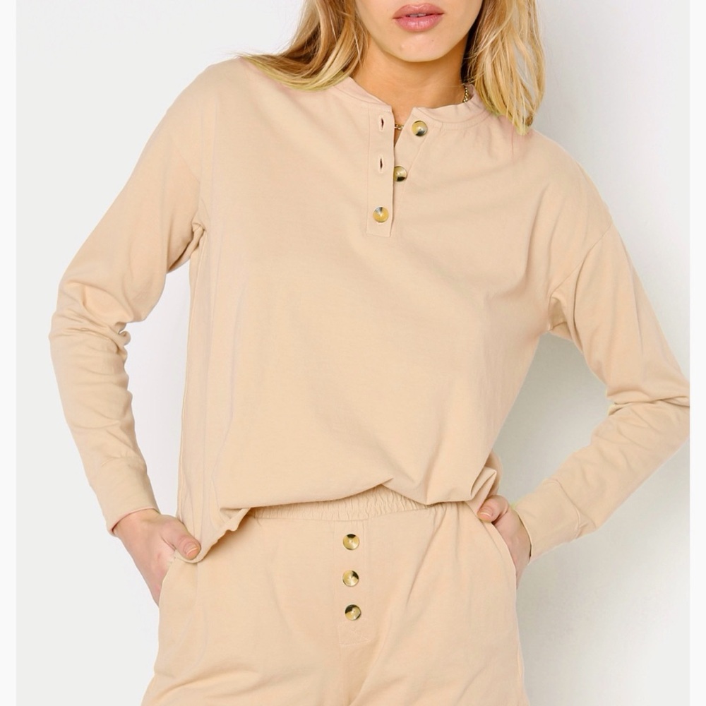 NWT DONNI Set Henley Long Sleeve Shorts Beige Cotton Size S
